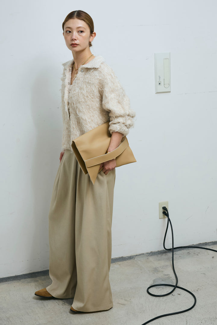 [予約/SET]ミックスシャギー襟付きカーデ+タックラップワイドPT(2set)