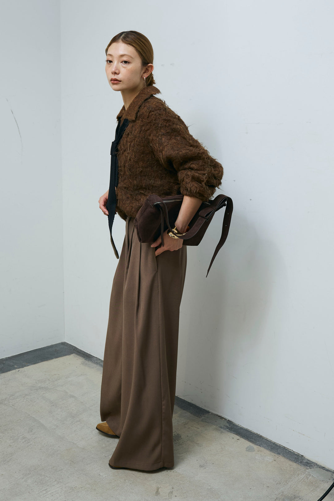 [予約/SET]ミックスシャギー襟付きカーデ+タックラップワイドPT(2set)