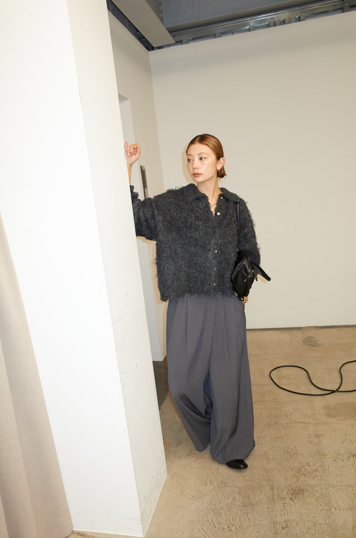 [予約/SET]ミックスシャギー襟付きカーデ+タックラップワイドPT(2set)