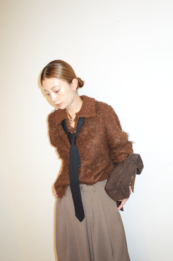 [予約/SET]ミックスシャギー襟付きカーデ+タックラップワイドPT(2set)