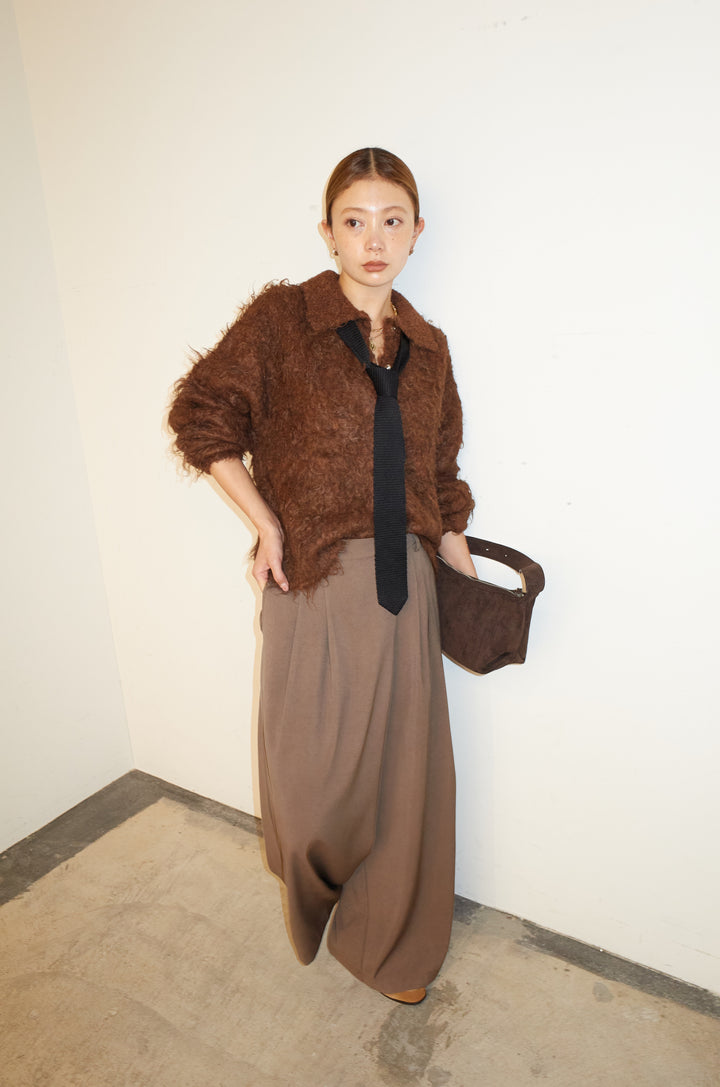 [予約/SET]ミックスシャギー襟付きカーデ+タックラップワイドPT(2set)