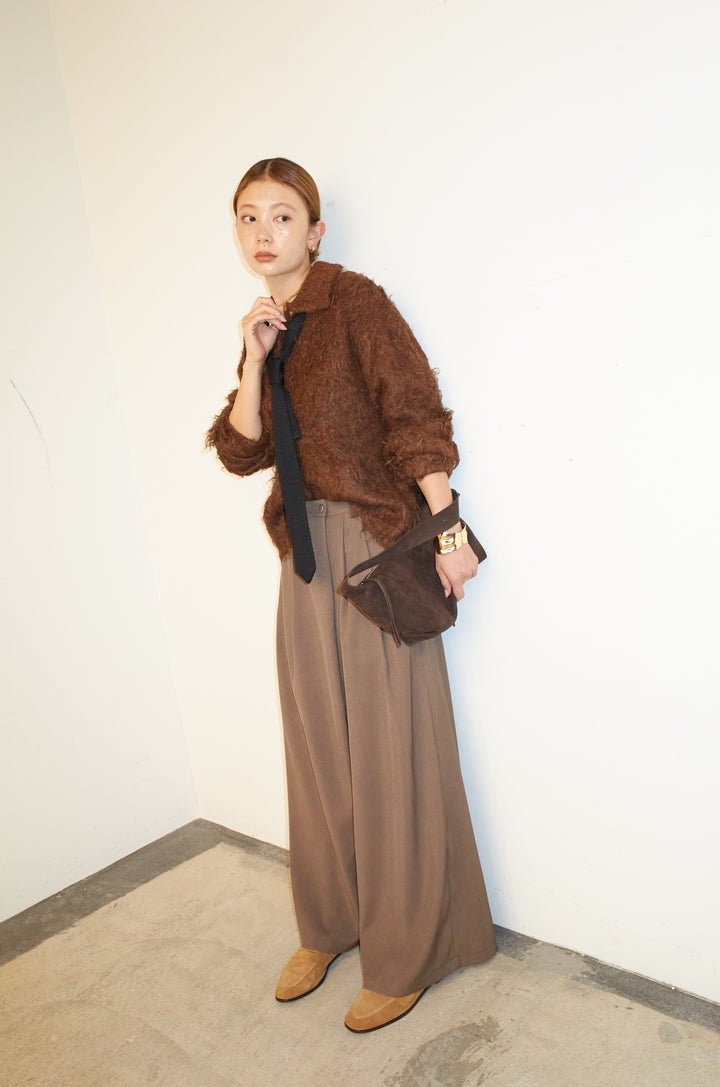 [予約/SET]ミックスシャギー襟付きカーデ+タックラップワイドPT(2set)