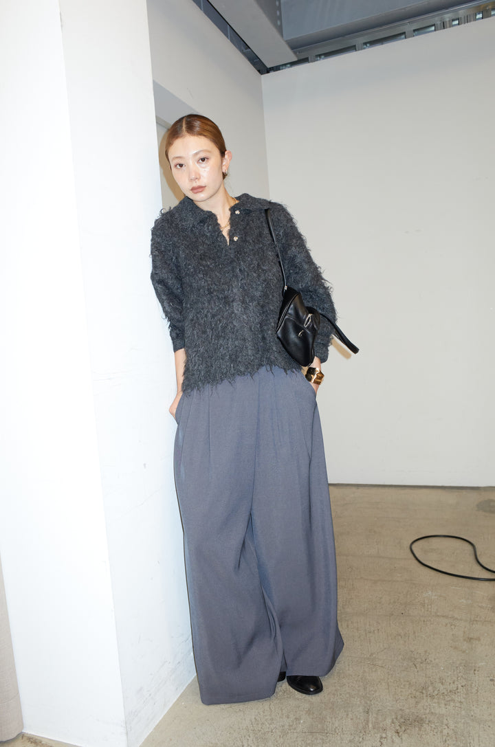 [予約/SET]ミックスシャギー襟付きカーデ+タックラップワイドPT(2set)