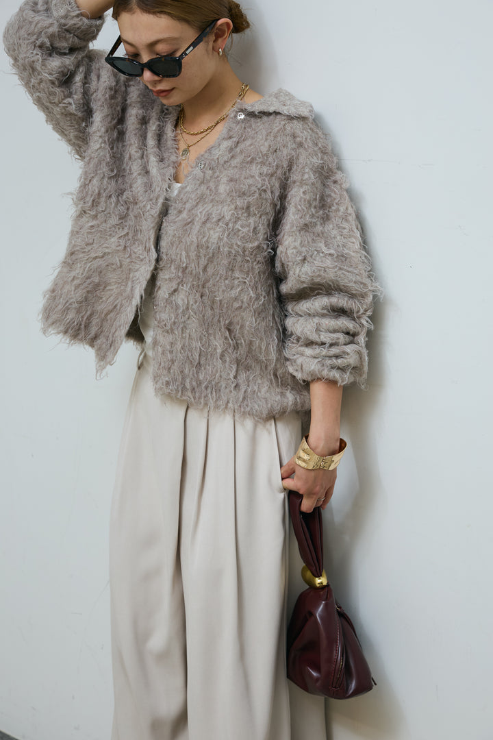 [予約/SET]ミックスシャギー襟付きカーデ+タックラップワイドPT(2set)