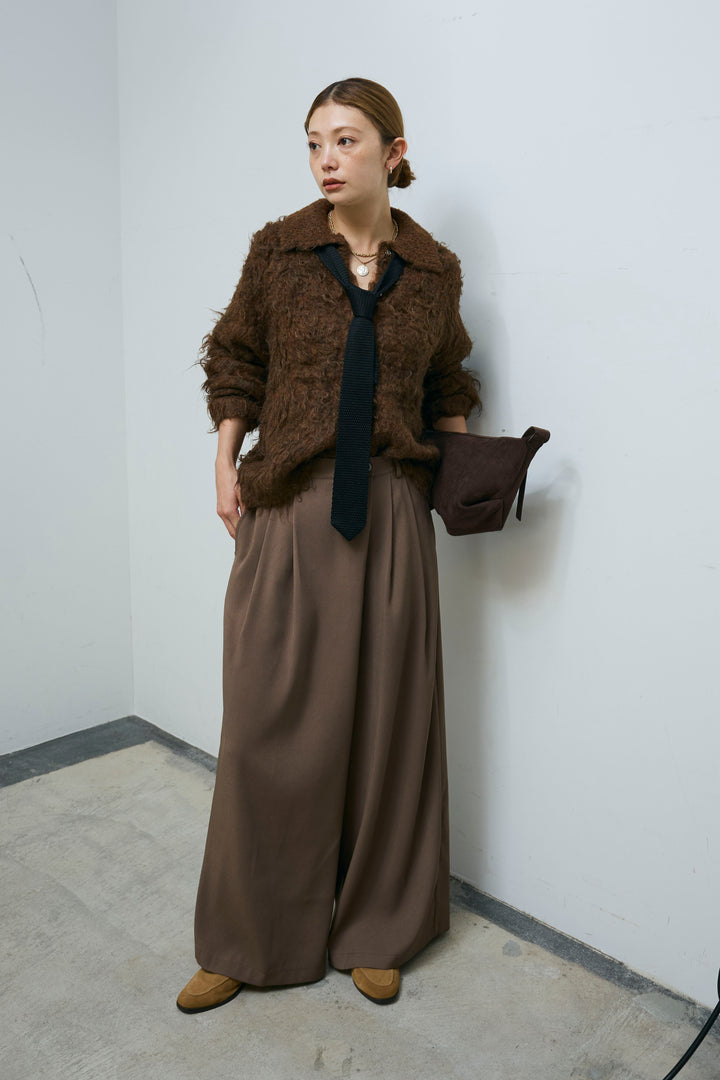 [予約/SET]ミックスシャギー襟付きカーデ+タックラップワイドPT(2set)