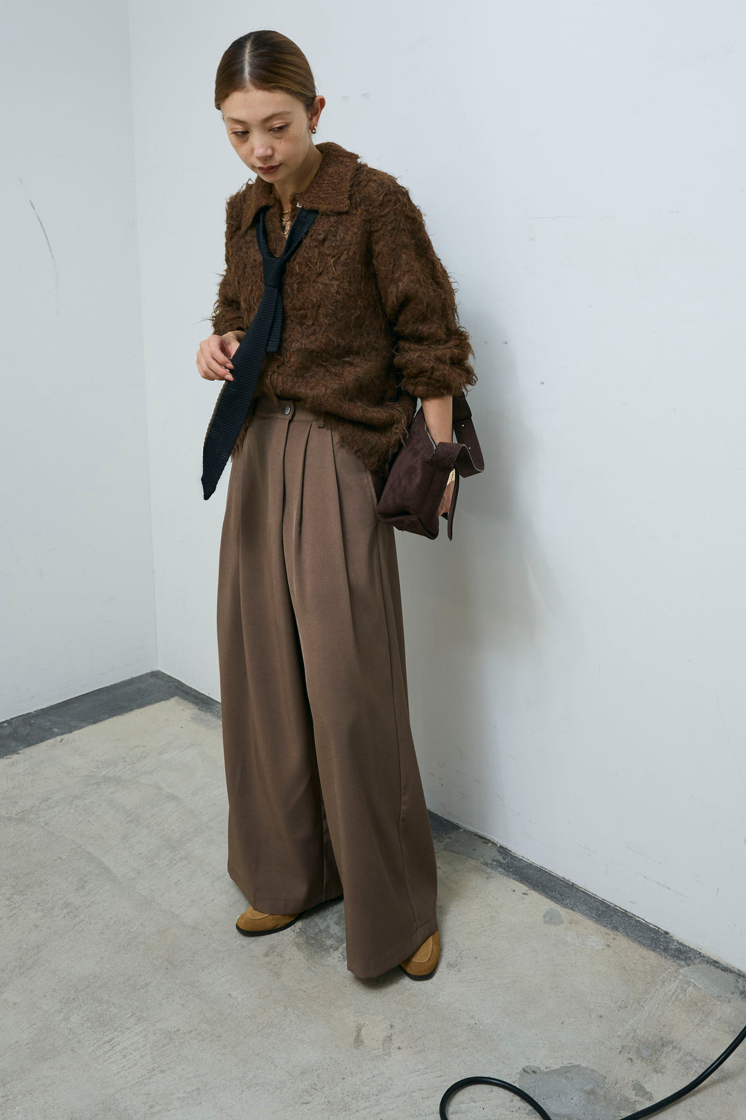 [予約/SET]ミックスシャギー襟付きカーデ+タックラップワイドPT(2set)