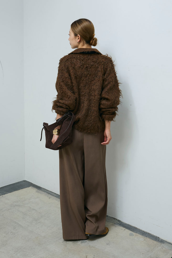 [予約/SET]ミックスシャギー襟付きカーデ+タックラップワイドPT(2set)