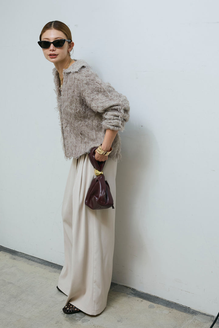 [予約/SET]ミックスシャギー襟付きカーデ+タックラップワイドPT(2set)