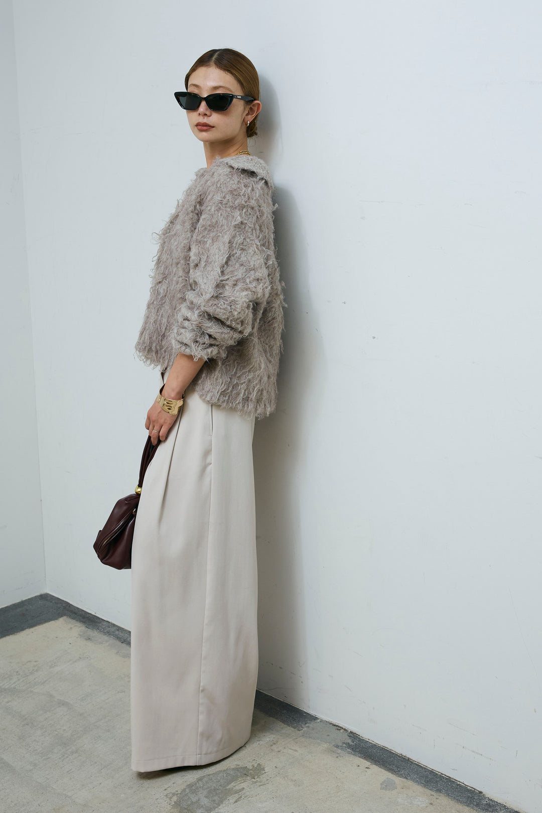 [予約/SET]ミックスシャギー襟付きカーデ+タックラップワイドPT(2set)