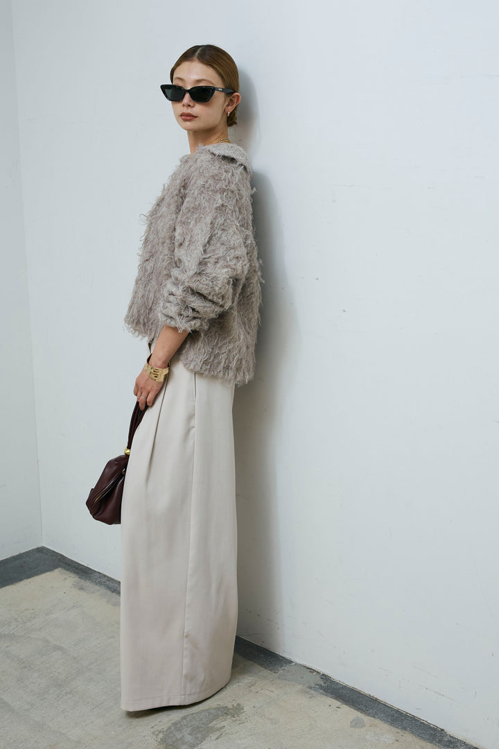 [予約/SET]ミックスシャギー襟付きカーデ+タックラップワイドPT(2set)