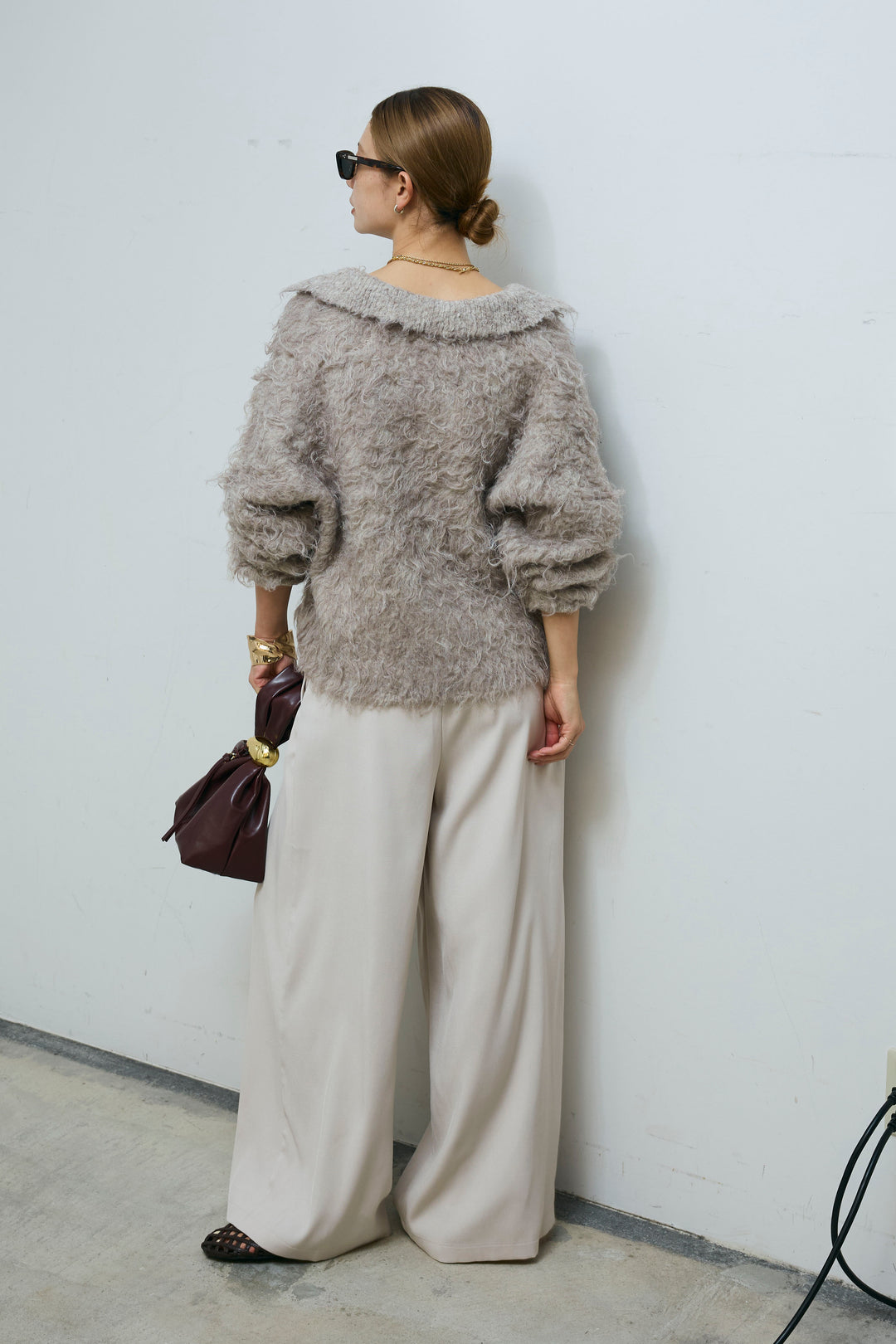 [予約/SET]ミックスシャギー襟付きカーデ+タックラップワイドPT(2set)