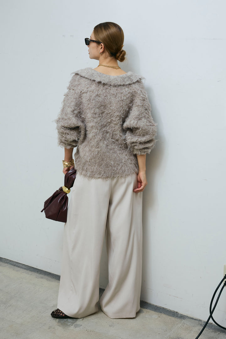 [予約/SET]ミックスシャギー襟付きカーデ+タックラップワイドPT(2set)