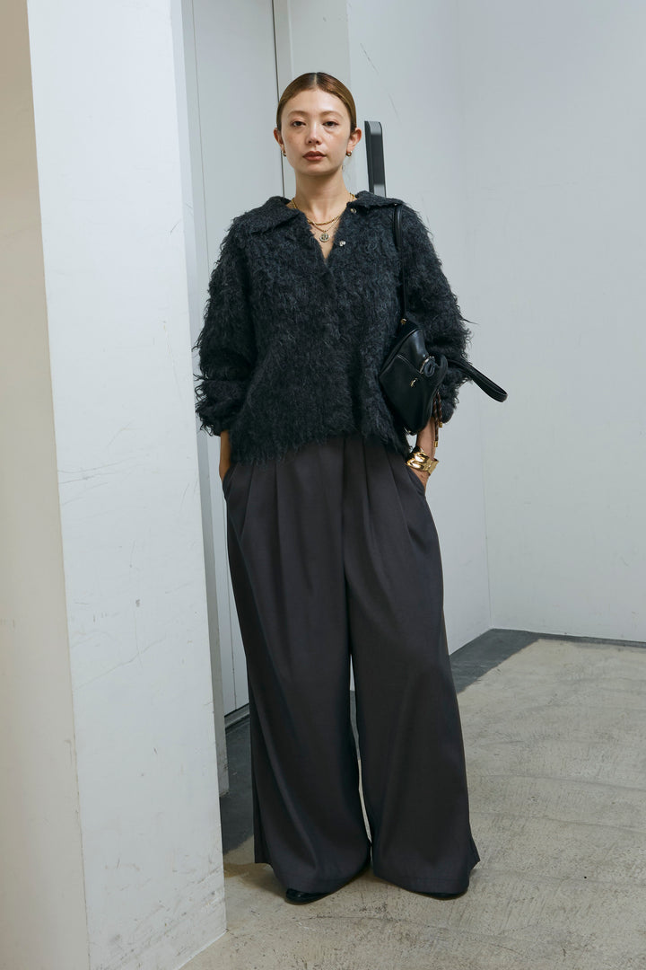 [予約/SET]ミックスシャギー襟付きカーデ+タックラップワイドPT(2set)