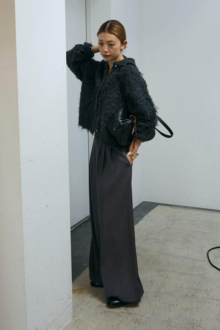 [予約/SET]ミックスシャギー襟付きカーデ+タックラップワイドPT(2set)