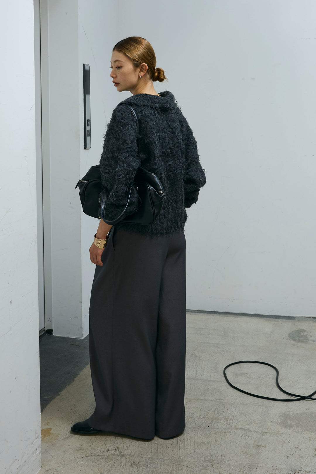 [予約/SET]ミックスシャギー襟付きカーデ+タックラップワイドPT(2set)