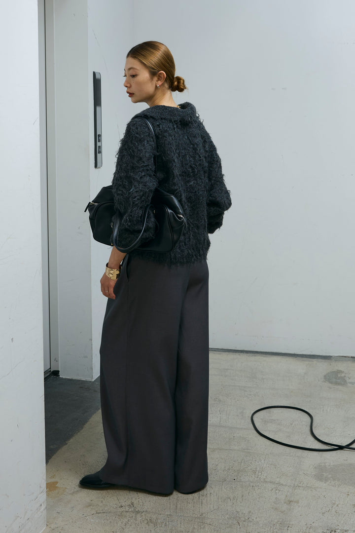 [予約/SET]ミックスシャギー襟付きカーデ+タックラップワイドPT(2set)