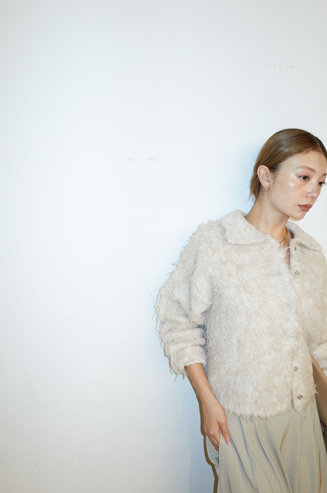 [予約]ミックスシャギー襟付きカーデ