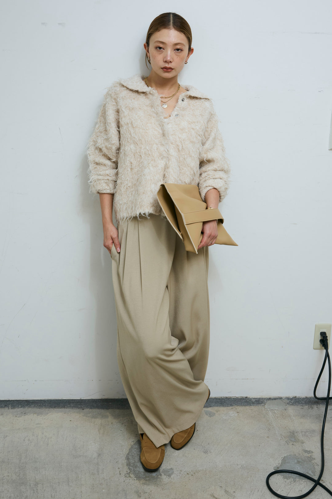 [予約/SET]ミックスシャギー襟付きカーデ+タックラップワイドPT(2set)