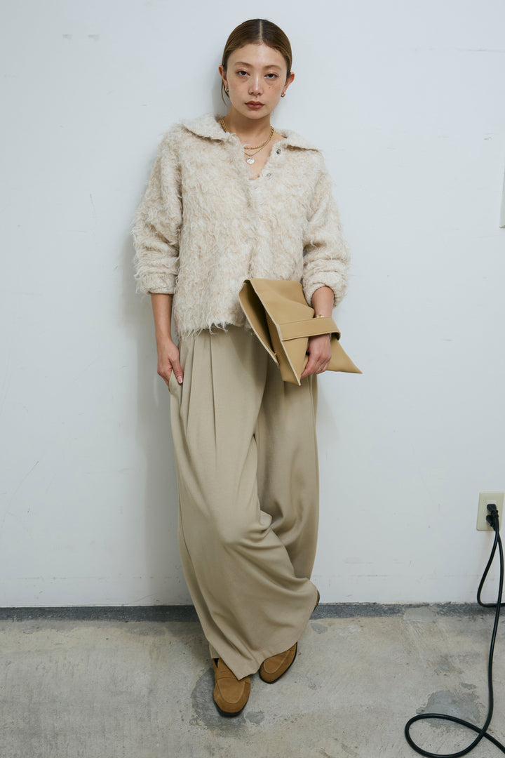 [予約/SET]ミックスシャギー襟付きカーデ+タックラップワイドPT(2set)