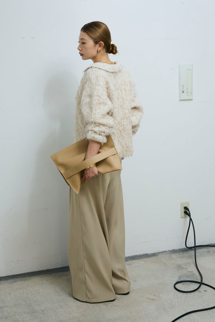 [予約/SET]ミックスシャギー襟付きカーデ+タックラップワイドPT(2set)