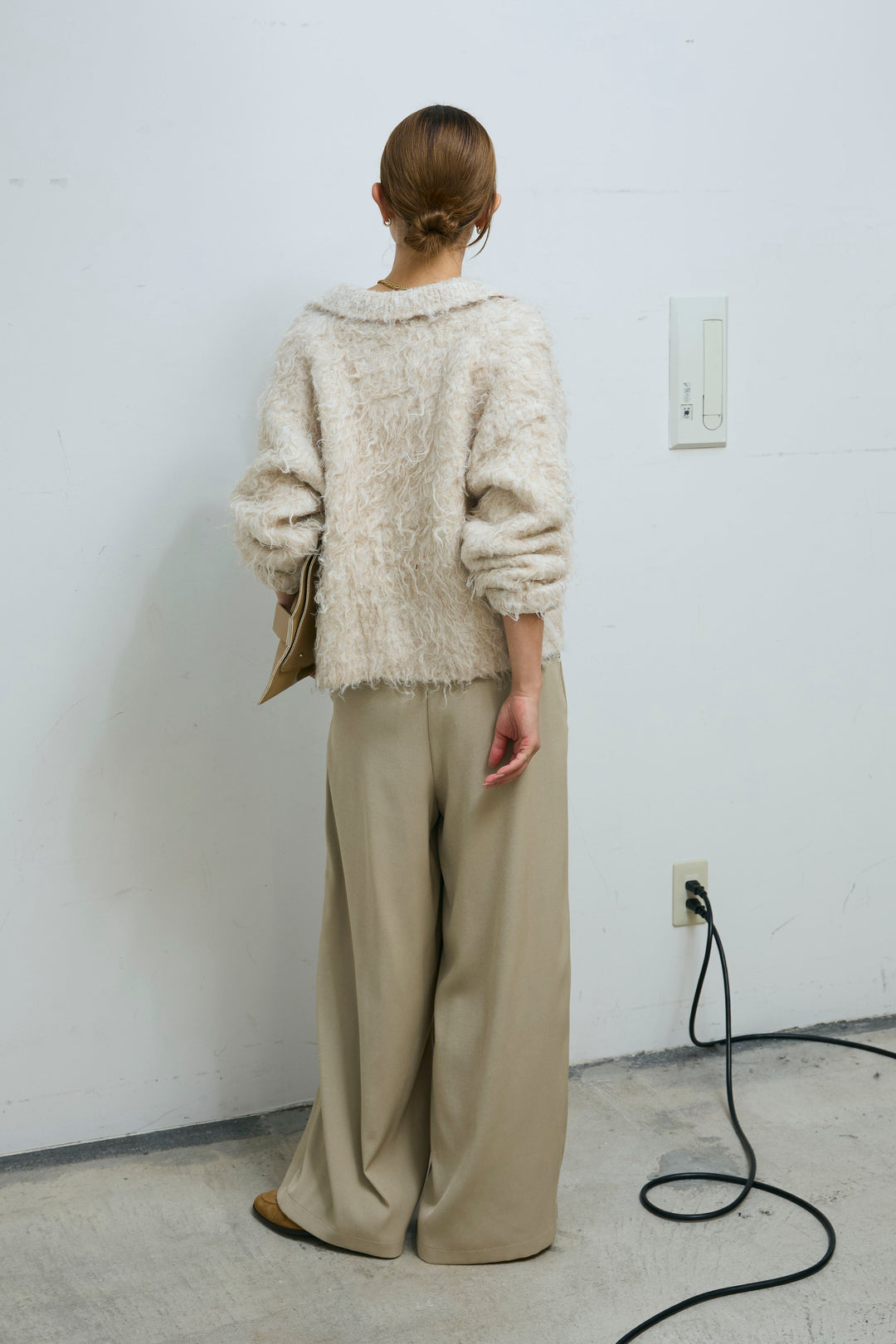 [予約/SET]ミックスシャギー襟付きカーデ+タックラップワイドPT(2set)