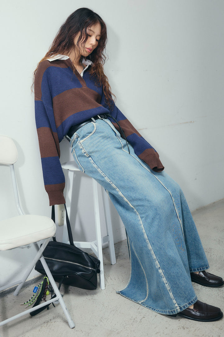[予約/SET]ラガーニットプルオーバー+ベルト付きデニムロングスカート(2set)