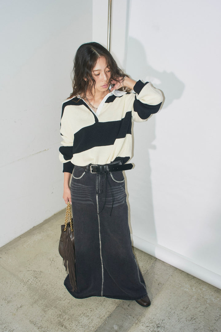 [予約/SET]ラガーニットプルオーバー+ベルト付きデニムロングスカート(2set)