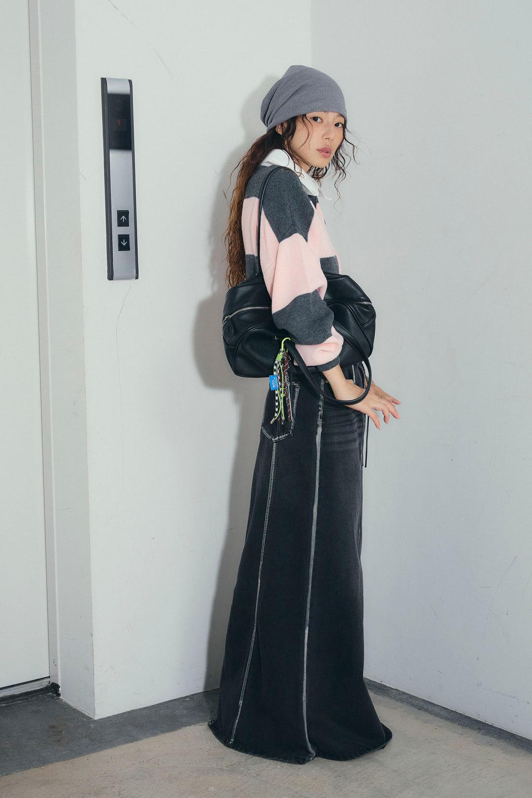 [予約/SET]ラガーニットプルオーバー+ベルト付きデニムロングスカート(2set)