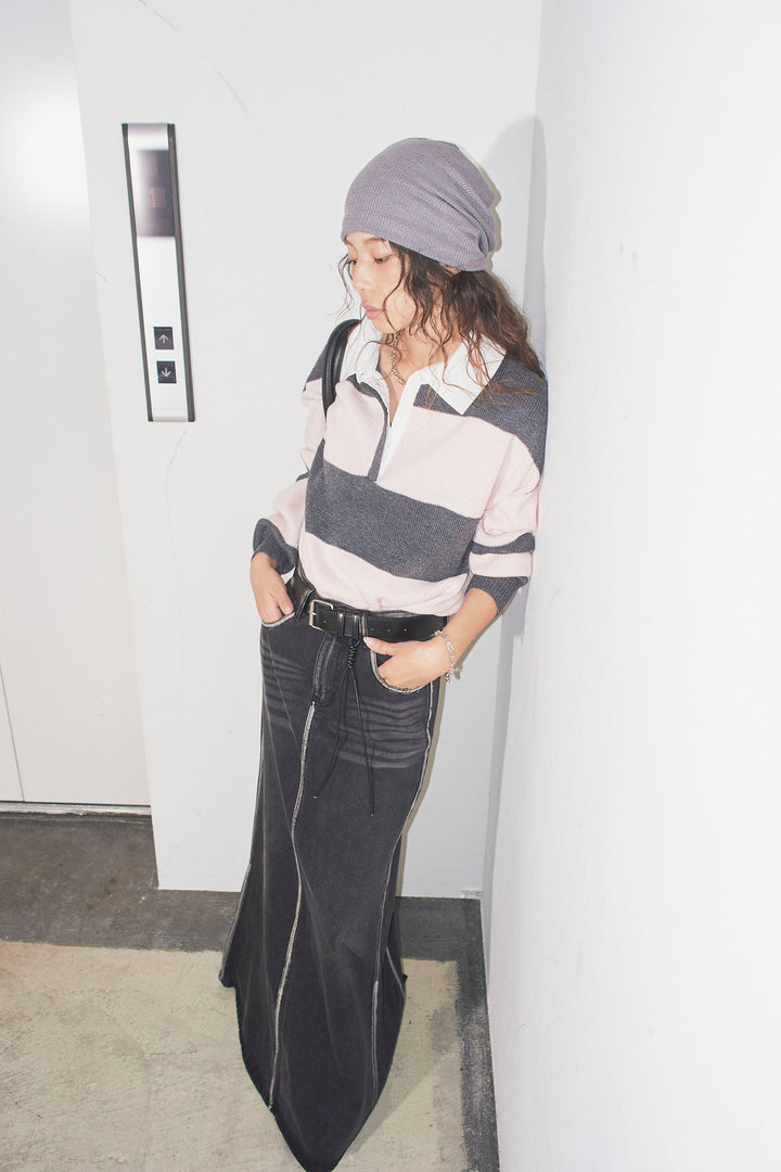 [予約/SET]ラガーニットプルオーバー+ベルト付きデニムロングスカート(2set)