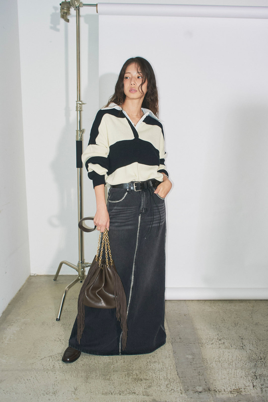 [予約/SET]ラガーニットプルオーバー+ベルト付きデニムロングスカート(2set)