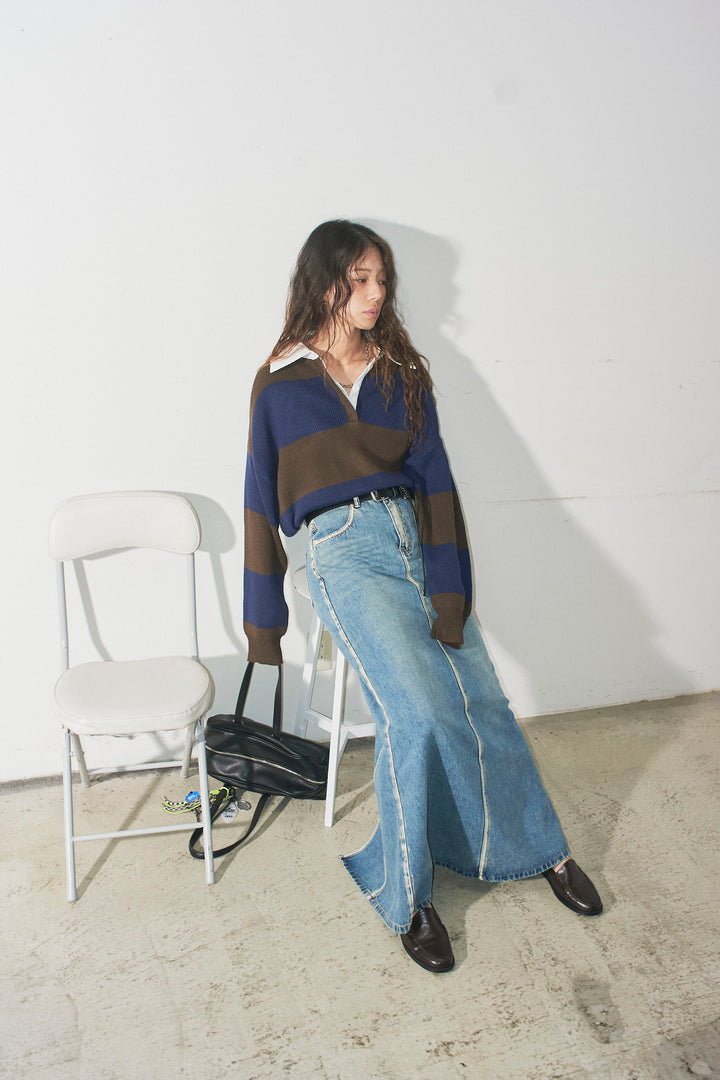 [予約/SET]ラガーニットプルオーバー+ベルト付きデニムロングスカート(2set)