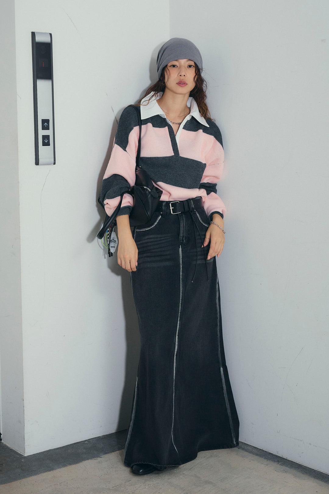 [予約/SET]ラガーニットプルオーバー+ベルト付きデニムロングスカート(2set)