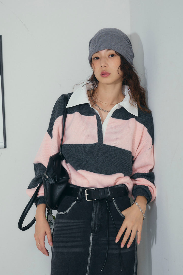 [予約/SET]ラガーニットプルオーバー+プレッピーコントラストニット(2set)