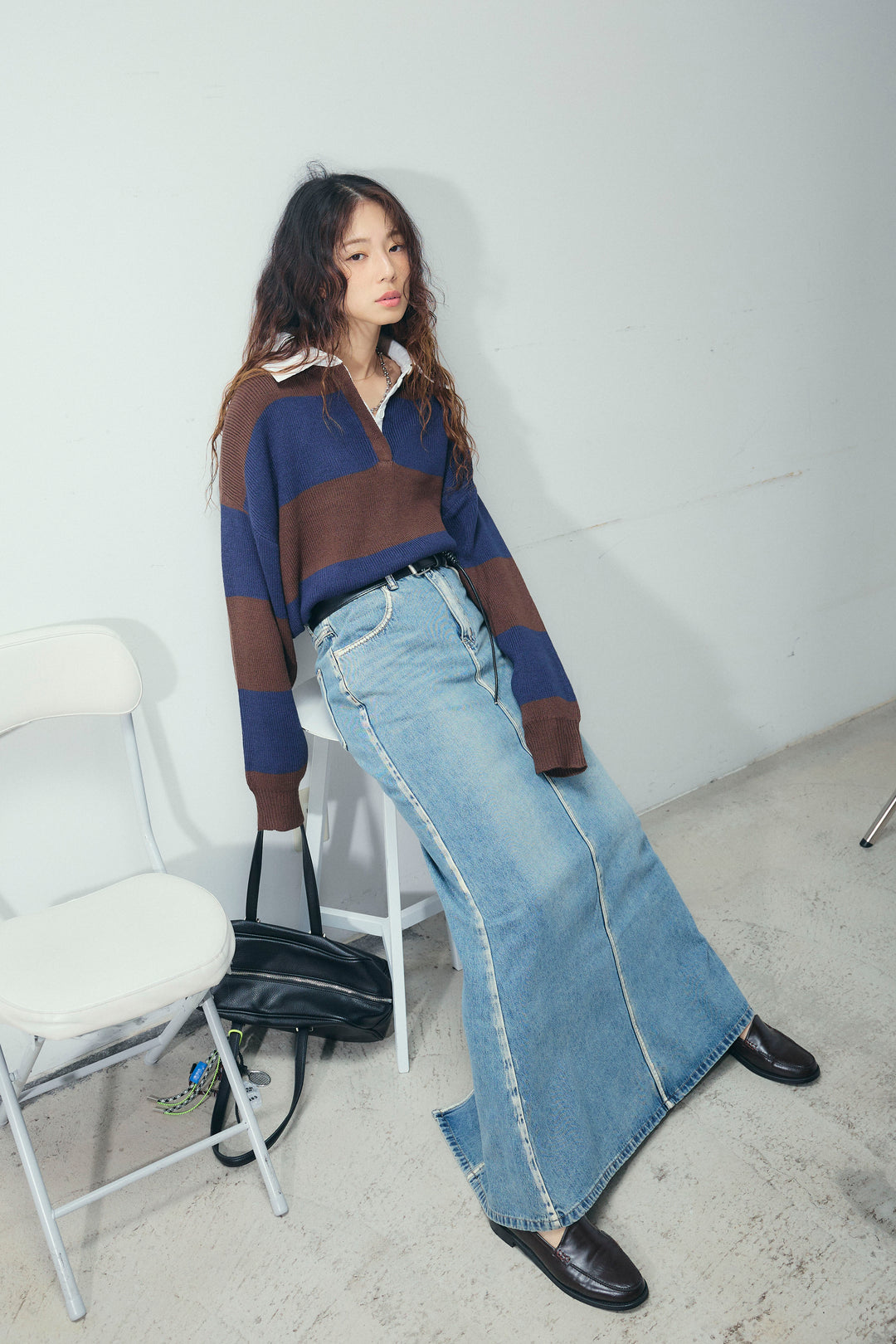 [予約/SET]ラガーニットプルオーバー+ベルト付きデニムロングスカート(2set)