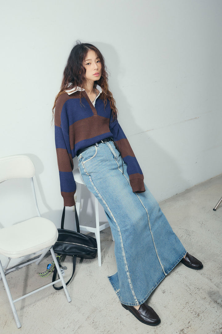 [予約/SET]ラガーニットプルオーバー+ベルト付きデニムロングスカート(2set)