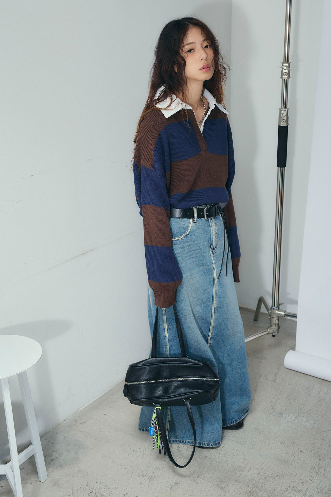 [予約/SET]ラガーニットプルオーバー+ベルト付きデニムロングスカート(2set)