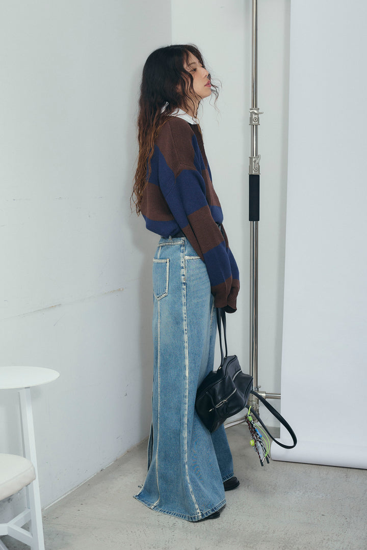 [予約/SET]ラガーニットプルオーバー+ベルト付きデニムロングスカート(2set)