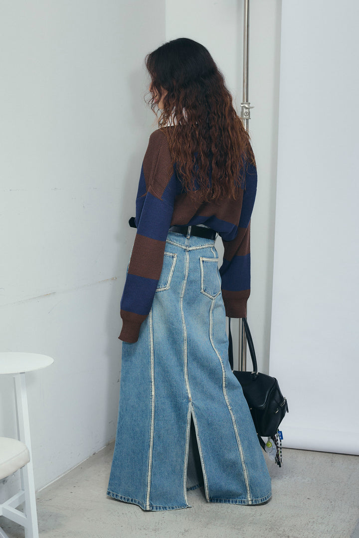 [予約/SET]ラガーニットプルオーバー+ベルト付きデニムロングスカート(2set)