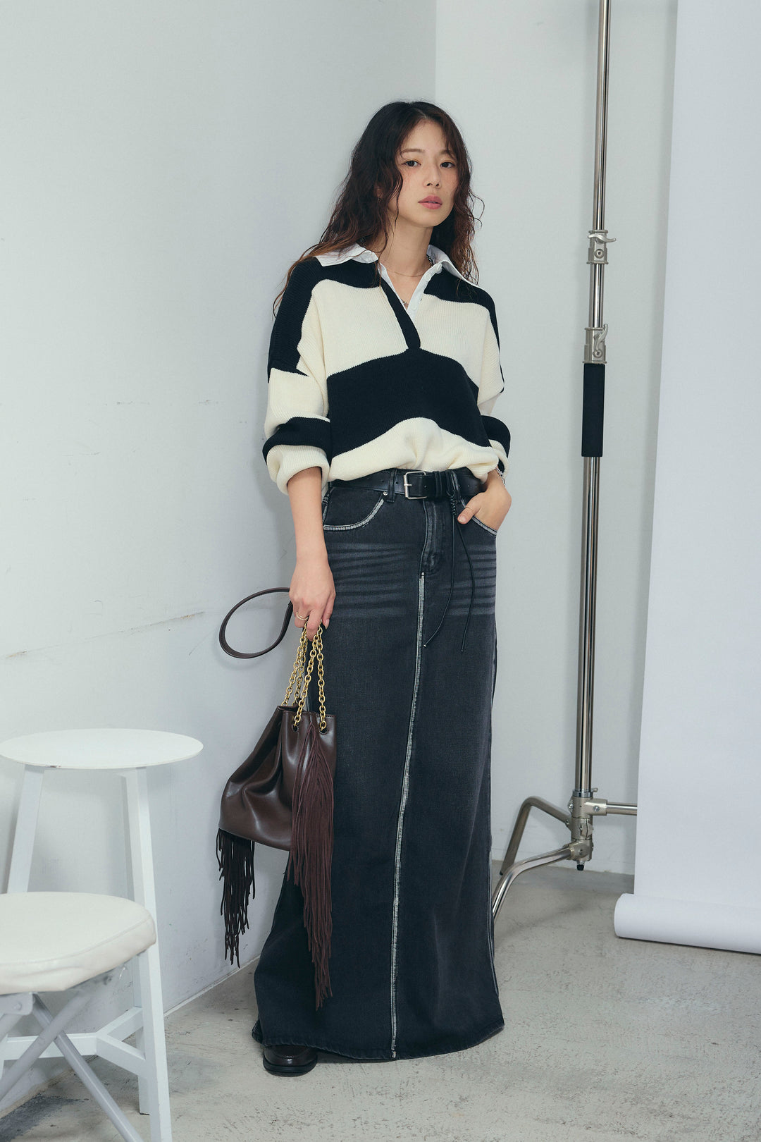 [予約/SET]ラガーニットプルオーバー+ベルト付きデニムロングスカート(2set)