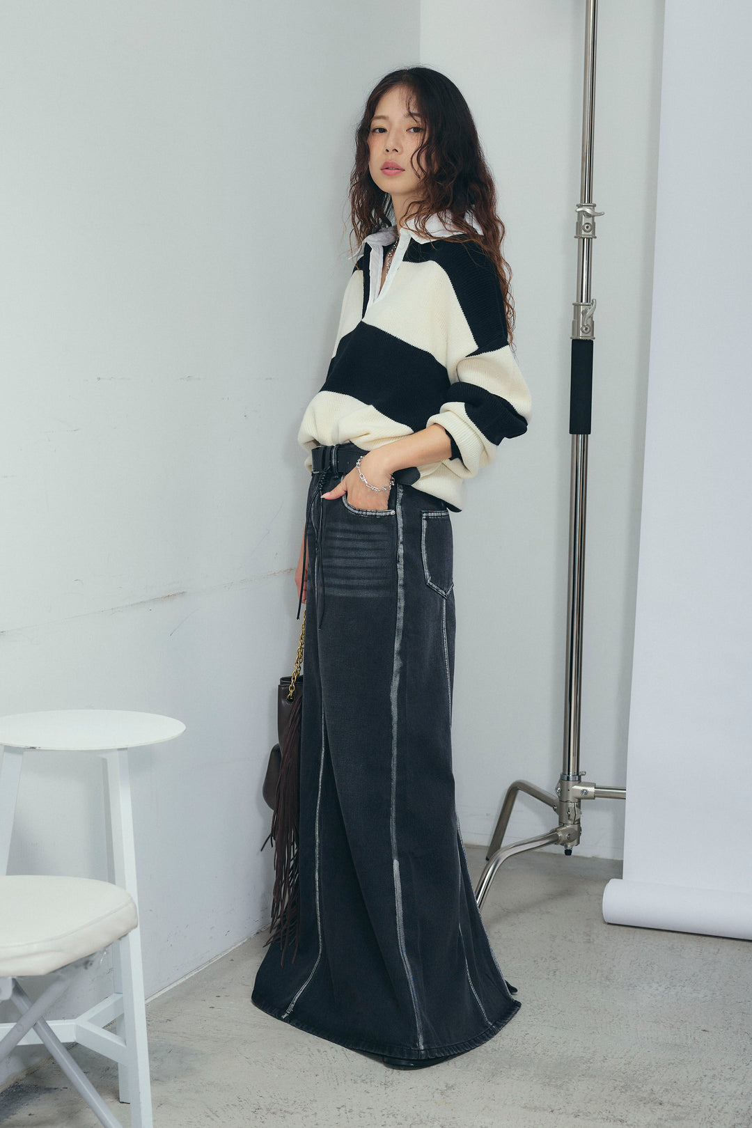 [予約/SET]ラガーニットプルオーバー+ベルト付きデニムロングスカート(2set)