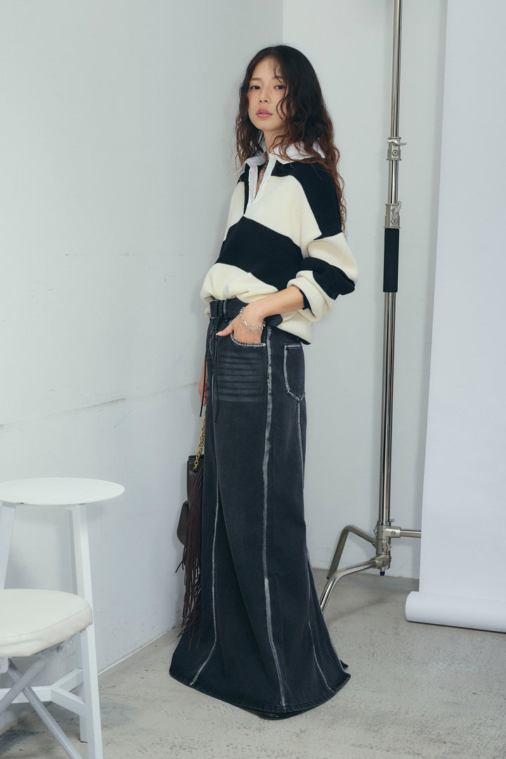 [予約/SET]ラガーニットプルオーバー+ベルト付きデニムロングスカート(2set)