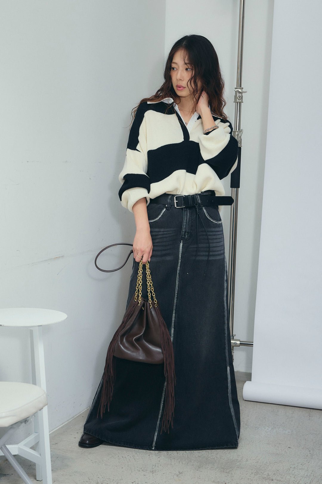 [予約/SET]ラガーニットプルオーバー+ベルト付きデニムロングスカート(2set)