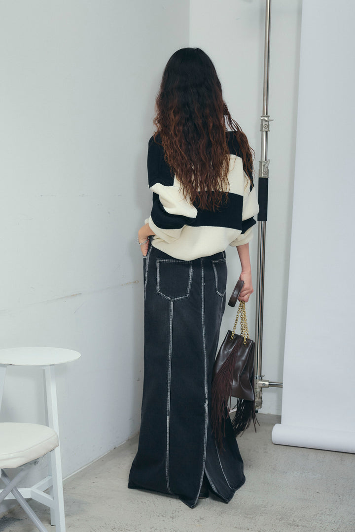 [予約/SET]ラガーニットプルオーバー+ベルト付きデニムロングスカート(2set)