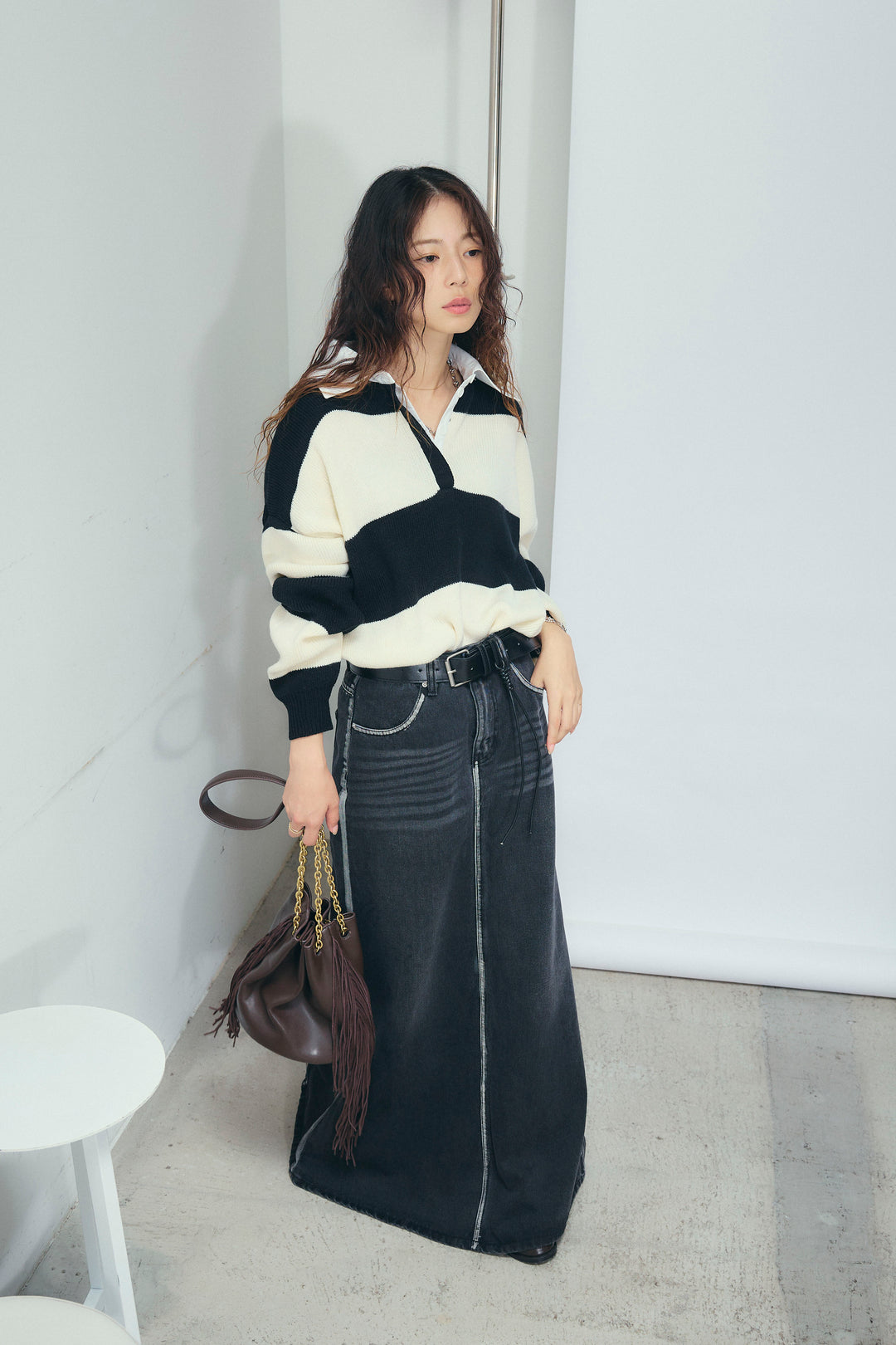 [予約/SET]ラガーニットプルオーバー+ベルト付きデニムロングスカート(2set)