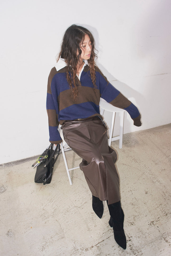 [予約/SET]ラガーニットプルオーバー+エコレザーバックスリットペンシルスカート(2set)