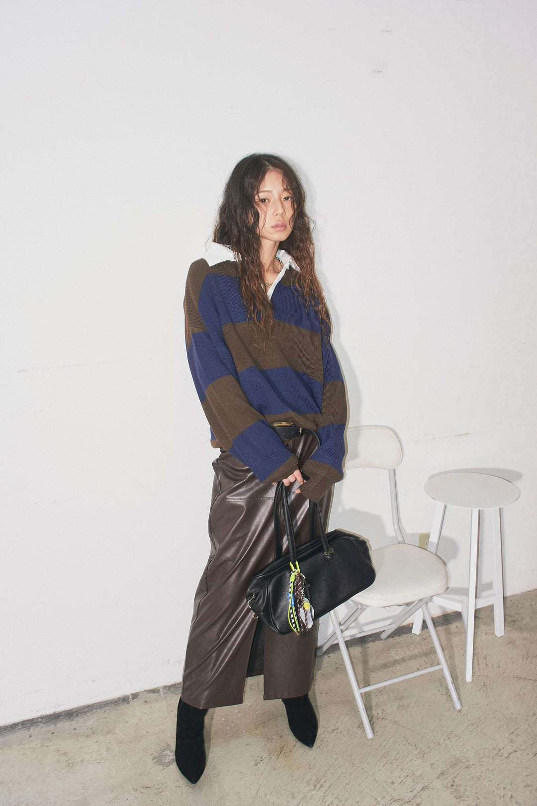 [予約/SET]ラガーニットプルオーバー+エコレザーバックスリットペンシルスカート(2set)