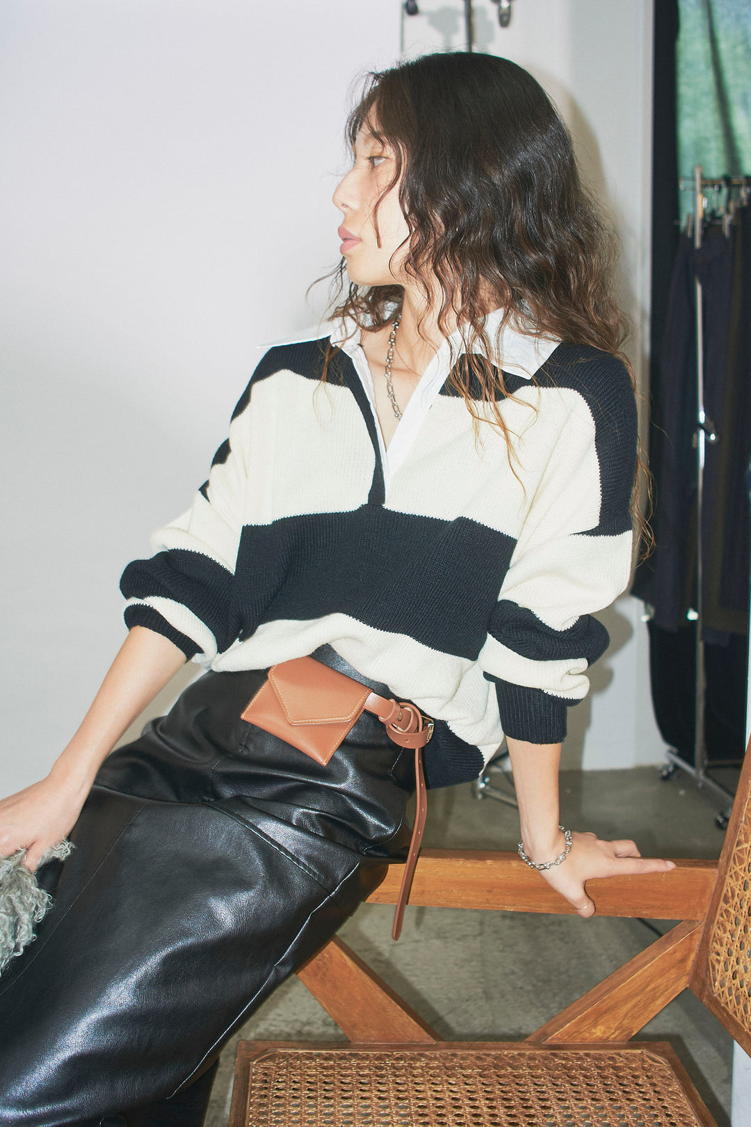 [予約/SET]ラガーニットプルオーバー+エコレザーバックスリットペンシルスカート(2set)