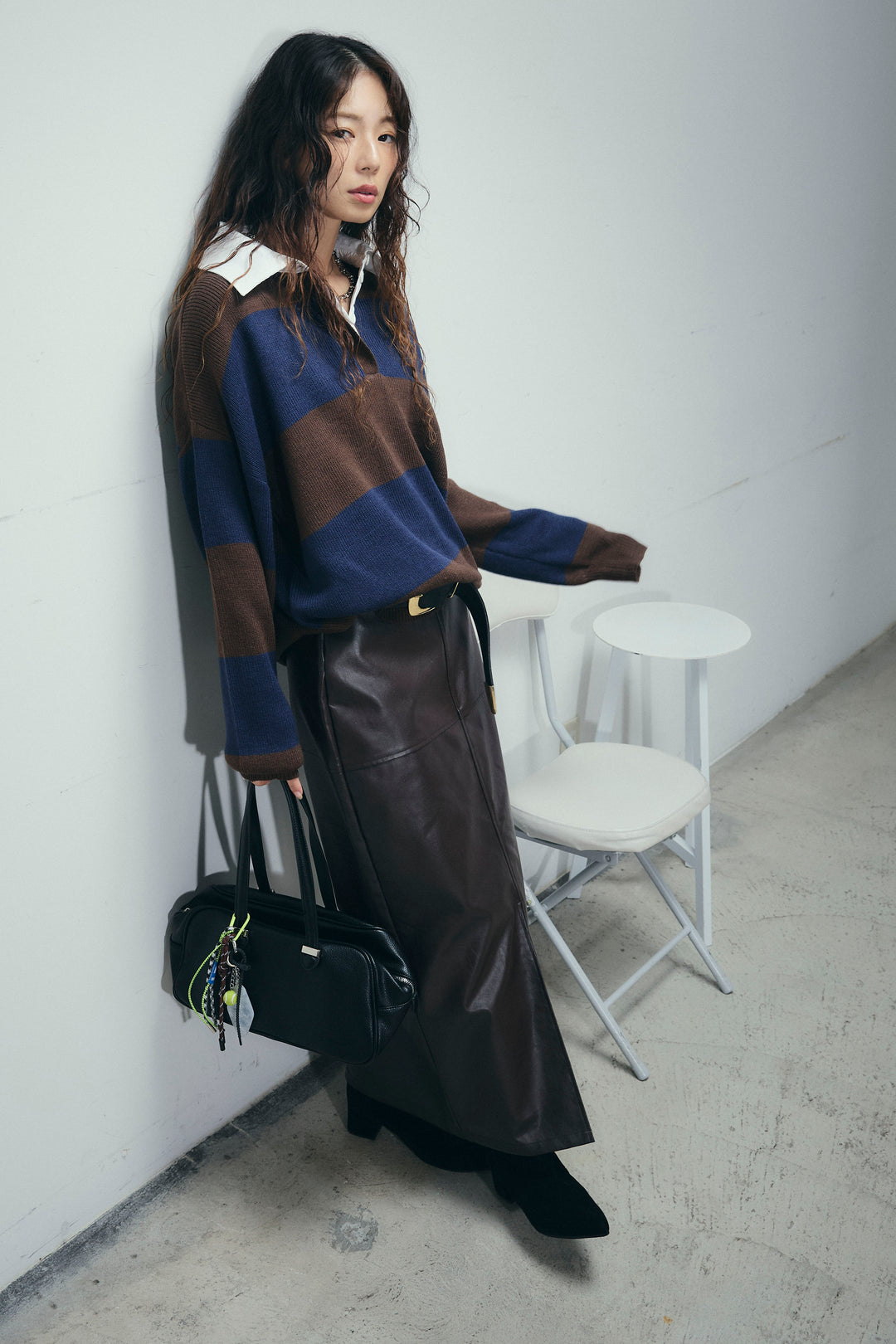 [予約/SET]ラガーニットプルオーバー+エコレザーバックスリットペンシルスカート(2set)