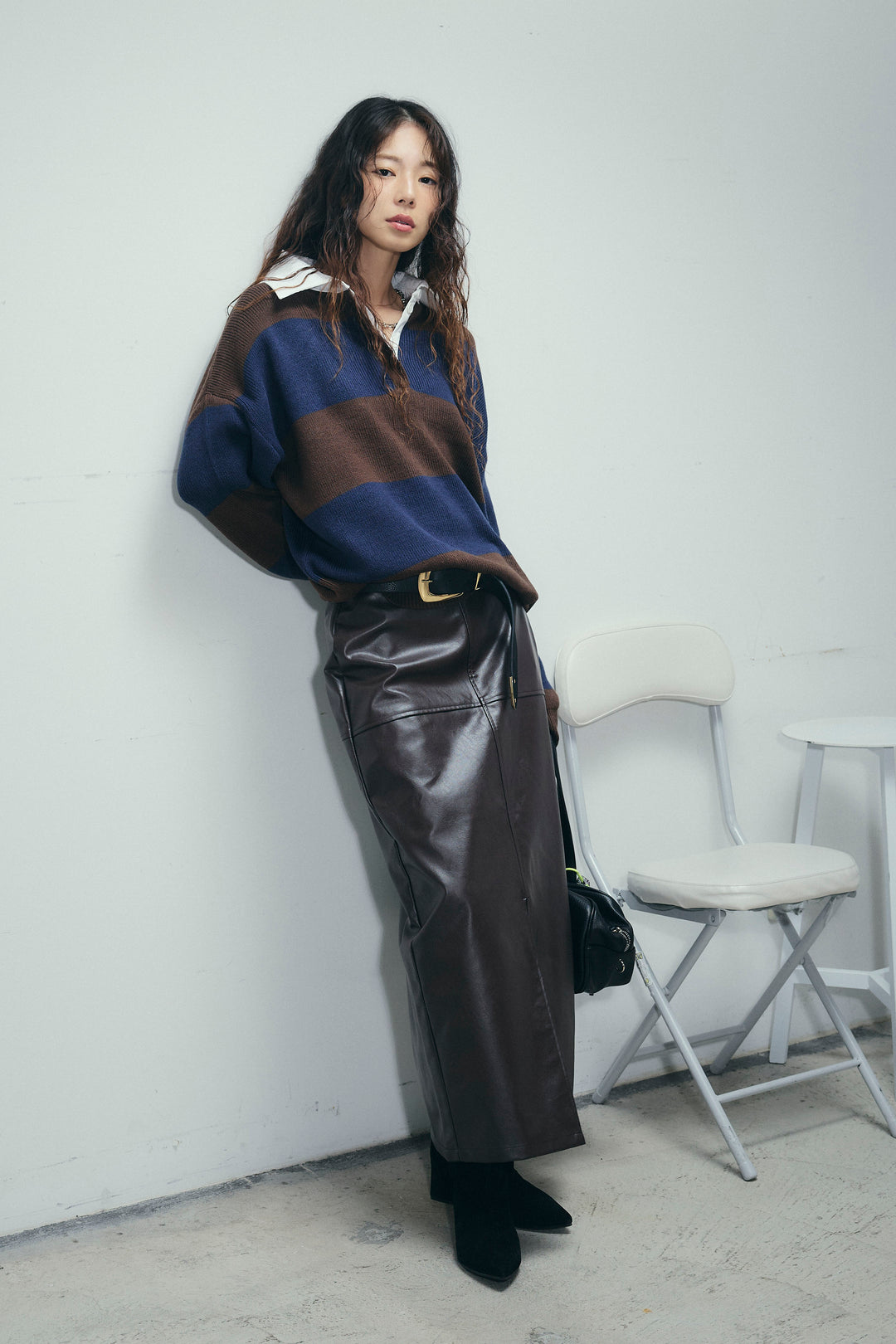 [予約/SET]ラガーニットプルオーバー+エコレザーバックスリットペンシルスカート(2set)