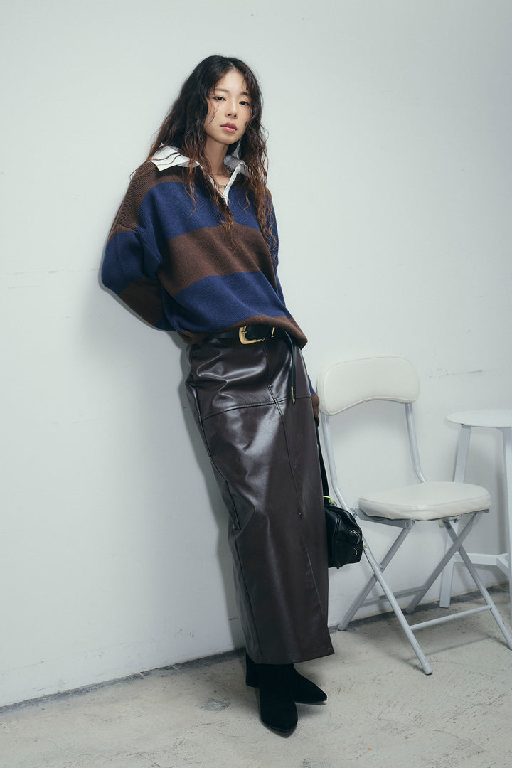 [予約/SET]ラガーニットプルオーバー+エコレザーバックスリットペンシルスカート(2set)